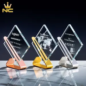 Piala Logam Kristal Kaca Persegi Bening Kustom dengan Dudukan Logam untuk Hadiah Bisnis