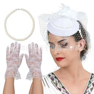 2401 erxi Retro perla sombrero horquilla diadema doble propósito fiesta foto nupcial Tiara encaje guante collar conjunto - Product Image 3