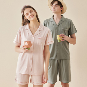 Pijamas Térmicos de Algodón Modal para Parejas, Cuello <span class=keywords><strong>en</strong></span> V, Manga Corta, con Botones, 2 Piezas, Ropa de Dormir para Verano - Product Image 3