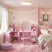 Coiffeuse moderne en bois pour enfants avec table, chaise, miroir lumineux et 2 tiroirs – Idéale pour la vente en gros