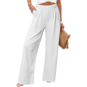 Womens Casual High Waisted Linen Feel Wide Leg <b>Pants</b> With Pockets White Breathable Palazzo Trousers Beach Outfits - Product Image 1