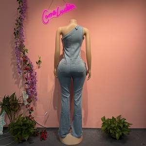 महिलाओं के शरीर के सूट खिंचाव स्ट्रैपलेस स्लिम रोमर स्ट्रीटवियर डेनिम बॉडीकॉन जंपसूट फ्लड पैंट जींस - Product Image 4