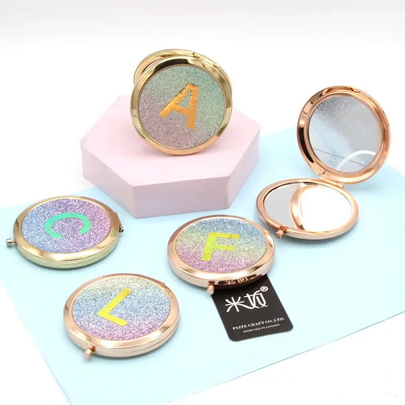 High Quality Small MOQ Metal Frame Type Custom Cosmetics Company Souvenir Fashional Glitter Rose Gold Compact Mirror