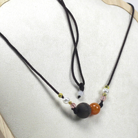 Collier intelligent réglable en agate de charbon mat avec perles de basalt et cornaline à double sphère, puce NFC NTAG216 intégrée