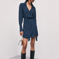 Robe chemise pour femme à col noué, manches longues, taille froncée, mini-robe élégante décontractée, OEM, marque privée, vente en gros
