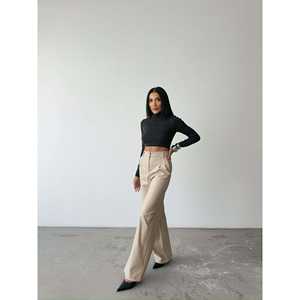 High-Waisted Leather <b>Palazzo</b> <b>Pants</b> <b>Elastic</b> <b>Waist</b> Breathable Stone-Colored Cargo Style Wide-Leg Fit Colored Wash <b>Elastic</b> - Product Image 4