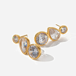 <b>Stud</b> <b>Earrings</b> Geometric Zircon Bezel Setting 18K Gold Plated Stainless Steel Everyday Wear - Product Image 1