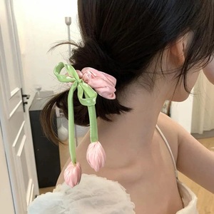 Élastique à cheveux en tissu haute élasticité fait main motif fleur de tulipe Sweet Girl, pour <span class=keywords><strong>chignon</strong></span> et queue de cheval basse, style scrunchie - Product Image 3