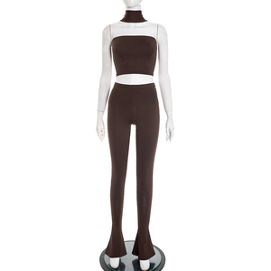 طقم نسائي مثير من قطعتين GHY6591 بلون موحد، توب قصير بدون أكمام مكشوف الظهر مع بنطلون واسع متناسق - Product Image 5