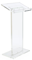 Pupitre moderne contemporain en acrylique, grande surface de lecture transparente en lucite, présentoir commercial intérieur/extérieur
