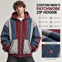 Sweat à capuche zippé personnalisé pour homme, patchwork, mélange de coton lavé, broderie étoile, fermeture éclair intégrale, pour streetwear