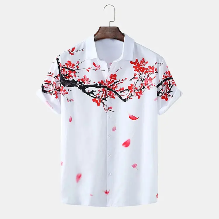 Vintage Style Men Shirts Summer Mens Lapel Ink Painting Plum Blossom Print Button Short Sleeve Shirt for Men Casual Streetwear