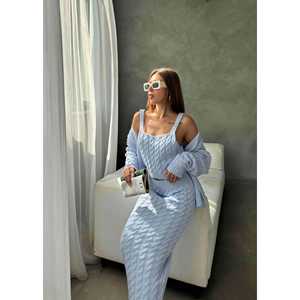 Conjunto de punto azul de tres piezas para mujer, suéter de talla S, top de manga larga con punto trenzado y falda, atuendo cómodo. - Product Image 1