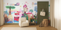 Papier peint mural de conte de fées de la tournée mondiale de l'aquarelle pour la chambre d'enfant, la crèche, la salle de jeux