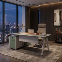 Bureau de direction de luxe en forme de A avec rangement latéral intégré, écologique, convertible, modulaire, panneau de classe E1, pieds en métal blanc