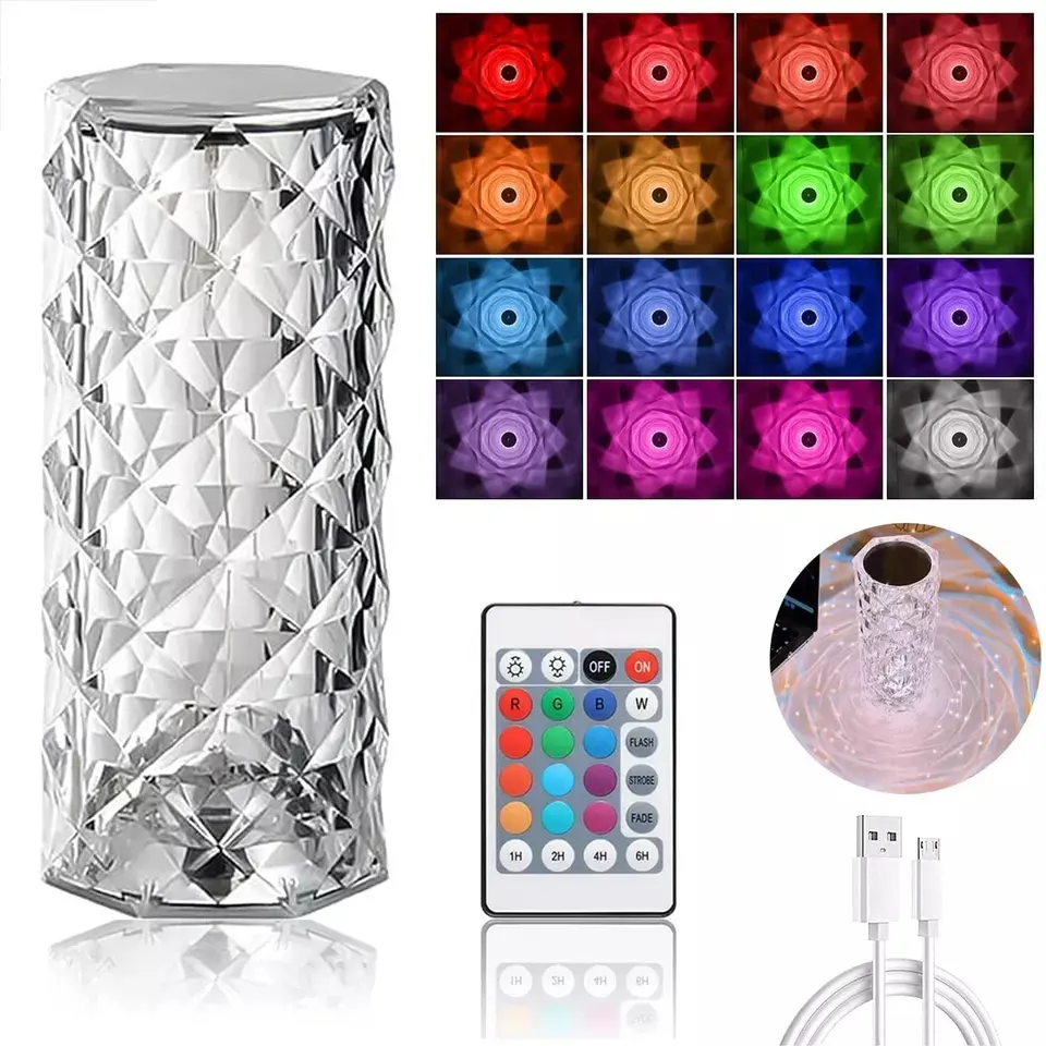 16 Colors LED Crystal Table Rose Lamp 3D Glass Desk With Touch Sense Control Home Decoration Romantic 3 CCT RGB USB Night Lamp