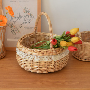 Panier de pique-nique ovale en osier tressé à la main avec bordure en dentelle, panier de rangement pour fruits et aliments - Product Image 2