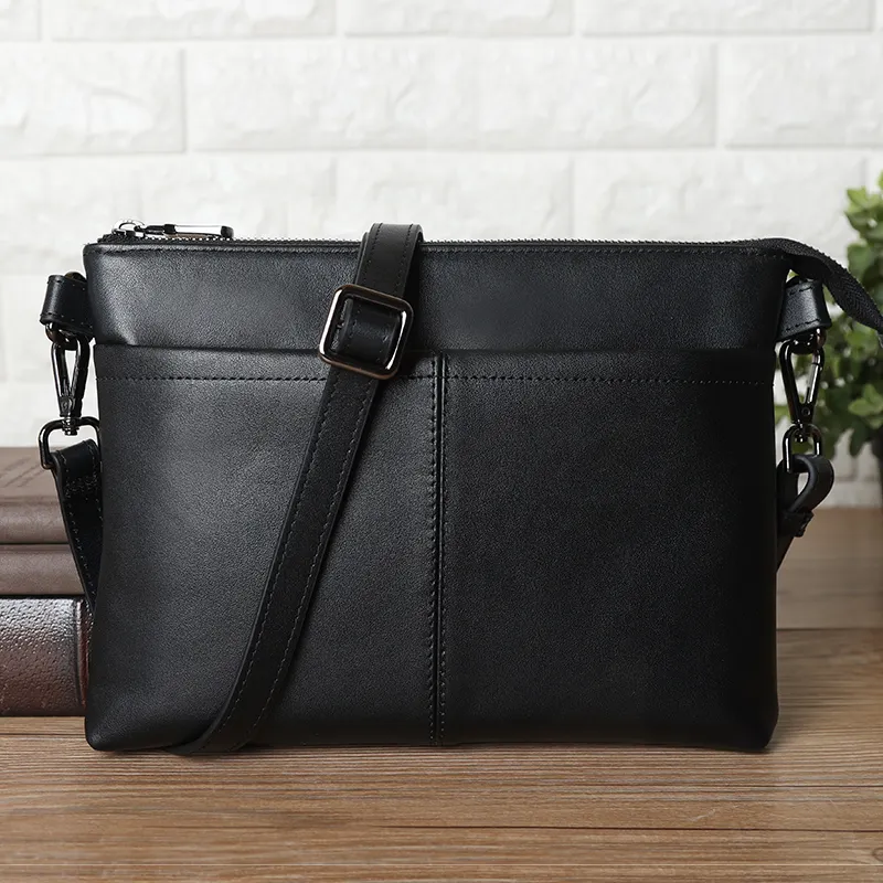 Cow Leather Slim Shoulder Bag Outdoor Black Waterproof Cowhide Leather Sling Messenger Bag for Men