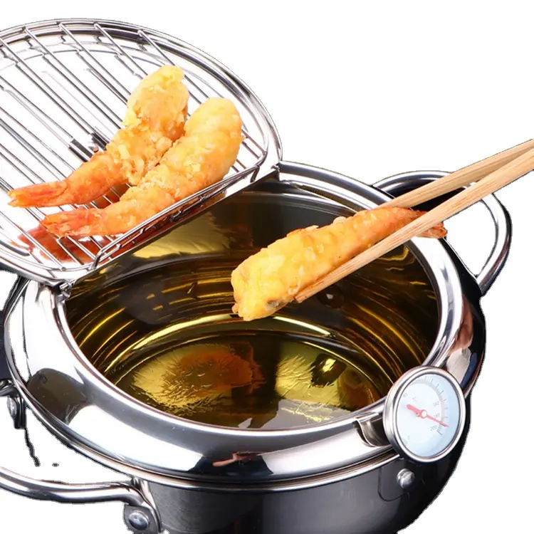 A1139 Japanischer Frittiertopf mit Thermometer und Deckel Edelstahl Küche Tempura Friteuse Pfanne Mini Induktion sherd