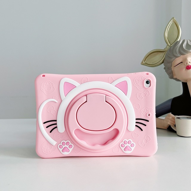 Kids Silicone Cute Tablet Cover 360 Rotating Stand Cat Handle Case for iPad 7 8 9 Air Pro 11 9.7 10.2 10.5 10.9