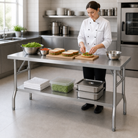 Table de travail pliante double couche en acier inoxydable sur mesure avec revêtement autonettoyant résistant à la corrosion pour cuisines commerciales