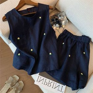 Women's Navy Blue Sleeveless Top And Shorts <b>Set</b> Cotton <b>Linen</b> Breathable Casual Two Piece Outfit - Product Image 1