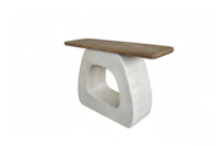 Table console design moderne KD avec plateau en bois massif, base blanche sculpturale creuse, mobilier nordique de luxe pour salon