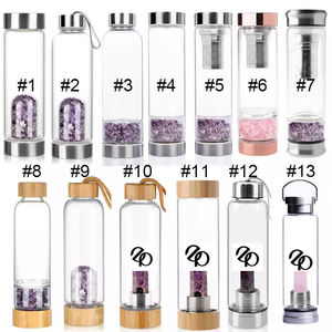 Gobelet en cristal naturel avec logo personnalisé, verre à haute teneur en borosilicate, couvercle en bambou, bouteille d'eau en forme d'élixir de cristal d'améthyste et de pierres précieuses - Product Image 4