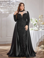 Robe de soirée élégante pour femme, col montant, manches longues droites, tissu en maille contrastée à paillettes, coupe ajustée, traîne de cour