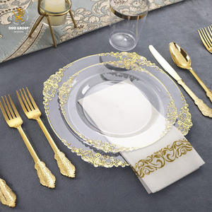 Platos <span class=keywords><strong>de</strong></span> <span class=keywords><strong>Plástico</strong></span> Desechables <span class=keywords><strong>de</strong></span> Lujo para Bodas, con Borde Dorado y Patrón en Relieve, Kits <span class=keywords><strong>de</strong></span> Artículos para Fiestas - Product Image 3