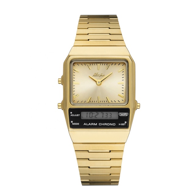 MISSFOX Outdoor Sport Dual Display Electronic Watch Stainless Steel Band Square Multifunctional Quartz Watch for Men