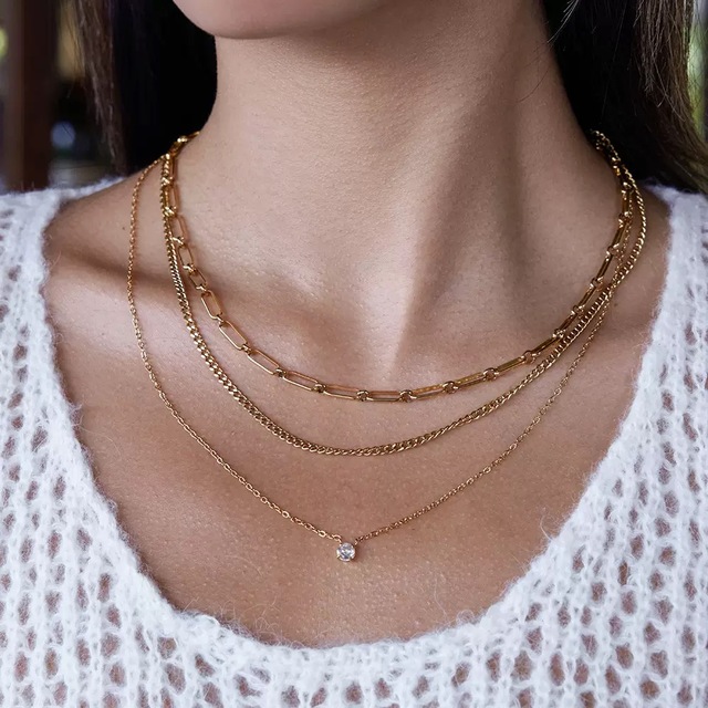 Stainless Steel 18k Gold Plated Non Tarnish Waterproof Three Layers Zircon Necklace for Women