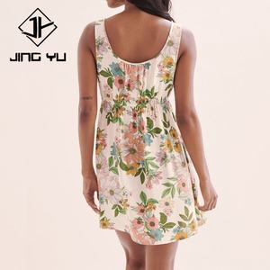 Robe élégante sans manches à col carré à imprimé plage d'été, robe courte en lin et coton de haute qualité et confortable - Product Image 2