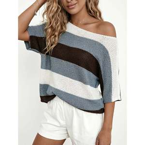 Pull en maille ouverte bicolore gris rose pâle pour femmes - Product Image 2