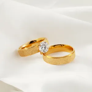 Eenvoudige Bruiloft Sieraden Rvs Zandstraal Plain Gold Ring Wedding Gouden Ring Set Mannen