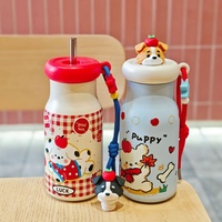 Bouteille d'eau portable à motif animalier mignon 500 ml, gourde isotherme à double paroi en acier inoxydable 304 avec paille et sangle