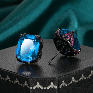 Elegant Feminine Style Jewelry Eco-friendly Copper Black Gold Plated 10*12mm <b>Blue</b> Spinel Zircon Fashion <b>Earrings</b> for Women - Product Image 5