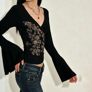 Blusa Vintage con Estampado Floral, Cuello en V, Lazo en la Cintura, Manga Campana, Blusa Ajustada y Sexy de Manga Larga para Mujer, Estilo Retro de Otoño e Invierno - Product Image 6