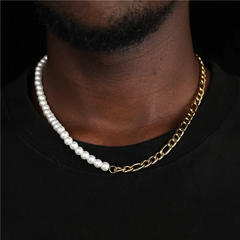 Hiphop Rock oro 18 carati in acciaio inossidabile mezzo cubano Figaro catena a maglia mezza conchiglia bianca perla braccialetto collana di perle da uomo