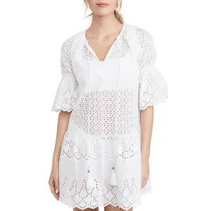 गुआंगज़ौ फैक्टरी वस्त्र महिलाओं उच्च अंत डिजाइन ठोस रंग मिनी थोक कपास फीता रागलाण आस्तीन सुराख़ सफेद पोशाक