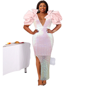 V Neck Ball Gown Bodycon Women's Wedding Evening Dress with Ruffles Patchwork Breathable Fabric Pink Glitter <b>Sequin</b> and Slit - Product Image 1