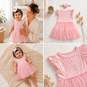 Vestido de Fiesta para Niña, al por Mayor, de Algodón Suave y Transpirable, con Estampado de Corazones Rosas, con Volantes, Manga Corta, OEM ODM - Product Image 2