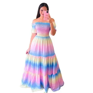 Manufacturing Rainbow Colorful Flower Floral Printing Elegant Long Skirts 2023 Big Size XL Custom Logo Fashion Beach Party Dress