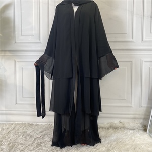1896#Latest High Quality 3 Layer Simple Chiffon Islamic Clothing Open Front <b>Kimono</b> <b>Cardigans</b> Muslim Women Black Dubai Abaya - Product Image 6