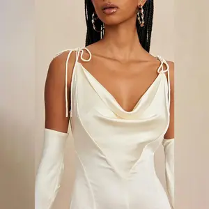 Elegant Fashion Shoulder Tie Slit Sleeveless Strapless Maxi Dress Pure White And Floor Women's Dresses Evening Gowns