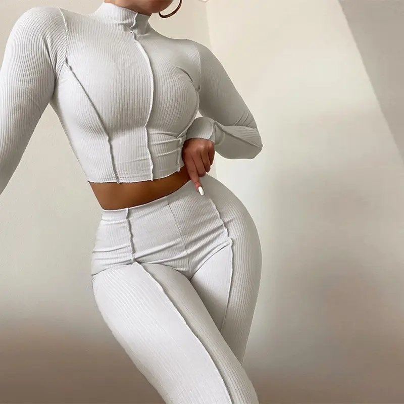 Mode féminine conception d'usure inversée taille haute mince respirant costume de sport décontracté col supérieur