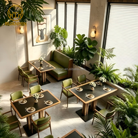 Banquette et chaise de salle à manger rembourrées vertes, table en pierre, mobilier tropical naturel pour café, bistrot, restaurant léger et pâtisserie