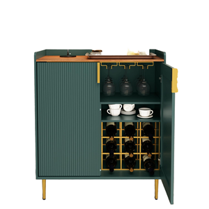 Meuble bar moderne vert avec plateau en bois et accents en laiton pour le rangement du vin et la présentation des verres - Product Image 1