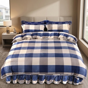 Juego de Ropa de Cama de Terciopelo Liso Azul a Cuadros, Juego de Cuatro Piezas con Falda para Cama, Ropa de Cama de Invierno para el Hogar - Product Image 5