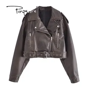 R30221S Women Vintage Loose Pu Faux Leather Short Jacket with Belt Streetwear Female Zipper Retro Moto Biker Coat Outwear Tops
